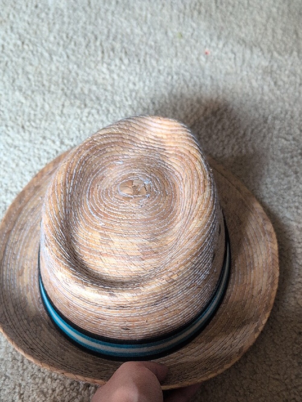 Striped Band Straw Fedora Hat - Natural with Blue Accent - Picture 6 of 7